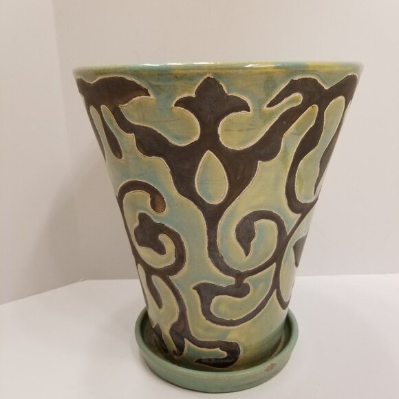 NorCal Green with Bronze Scrolls Urn Plant Pot Elegant Stylish Earthy